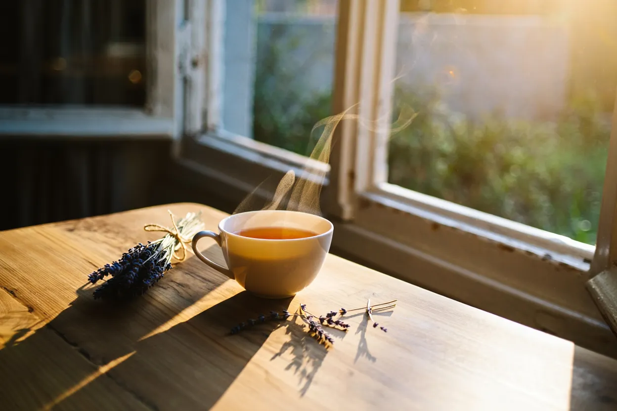 En rolig morgenscene med en kop te på et bord ved et vindue med naturligt lys