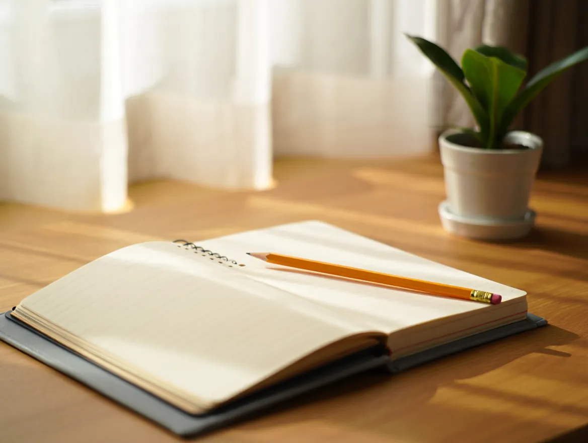 Åben notesbog og blyant på et rent skrivebord med en plante i baggrunden