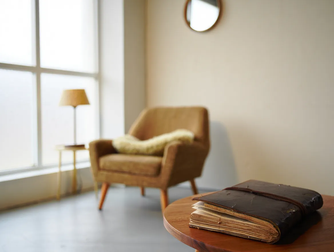 Minimalistisk indrettet rum med en komfortabel stol, en bog og blødt lys